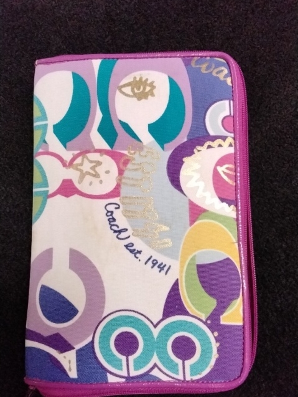 Coach Multicolor Graphic Zip Kindle Case with Pink Trim